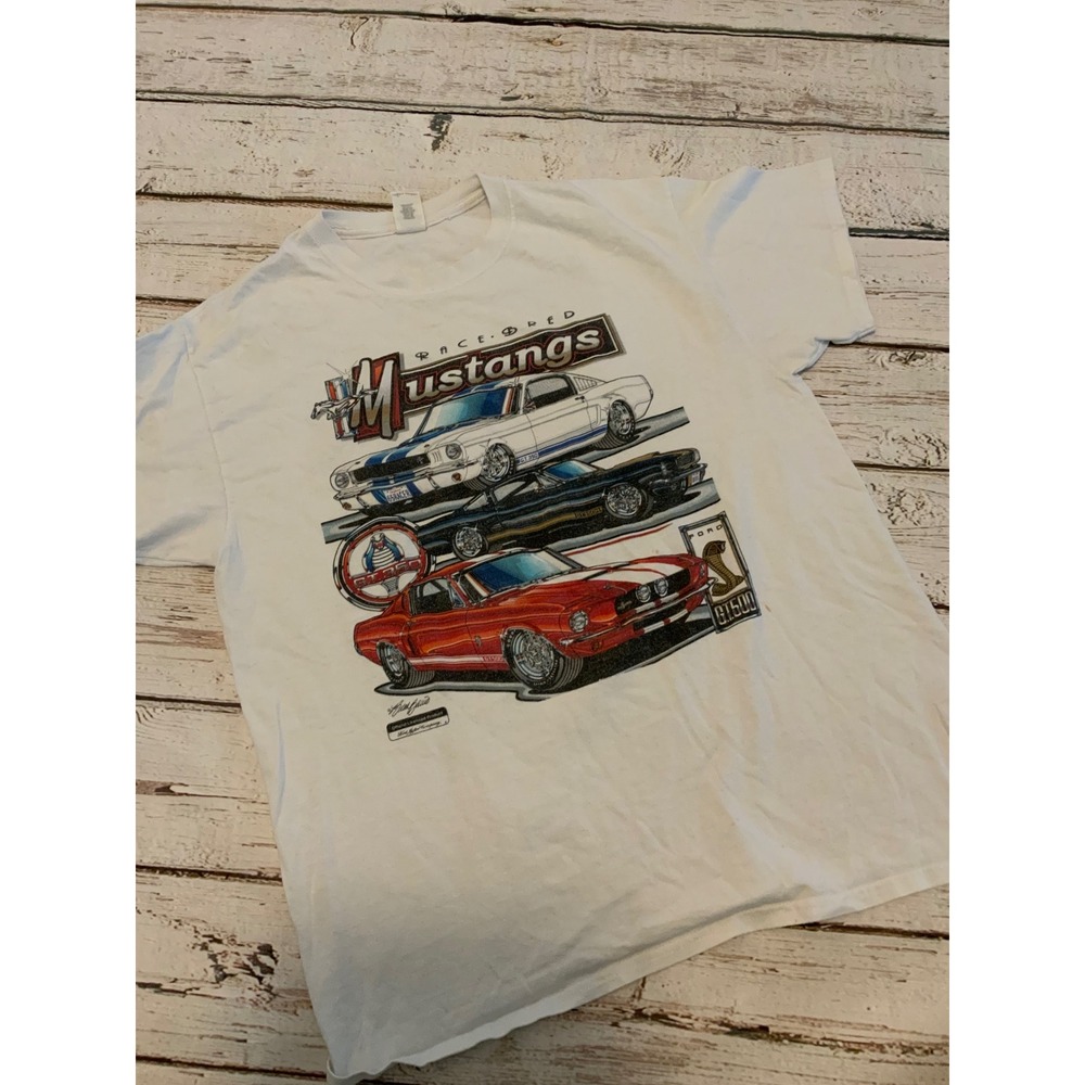 Ford Mustang Graphic T-Shirt Mens Large White Double Sided GT500 Cobra Jet Tee